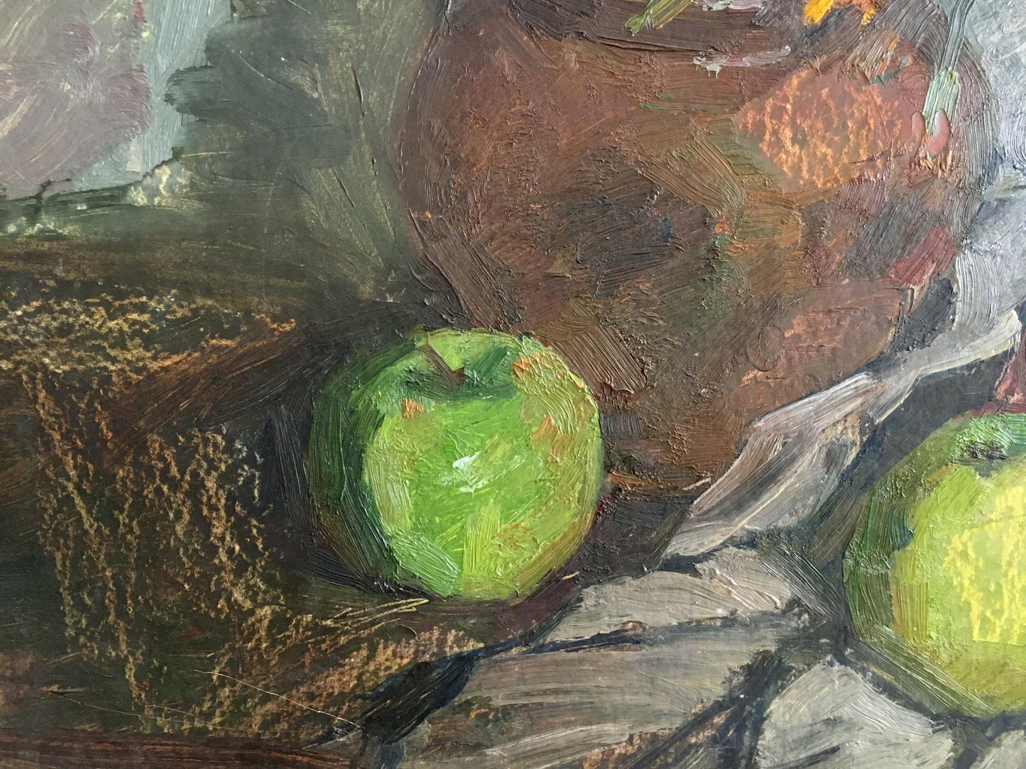 Oil painting of vibrant green apple in still life with flowers by Petrashevsky