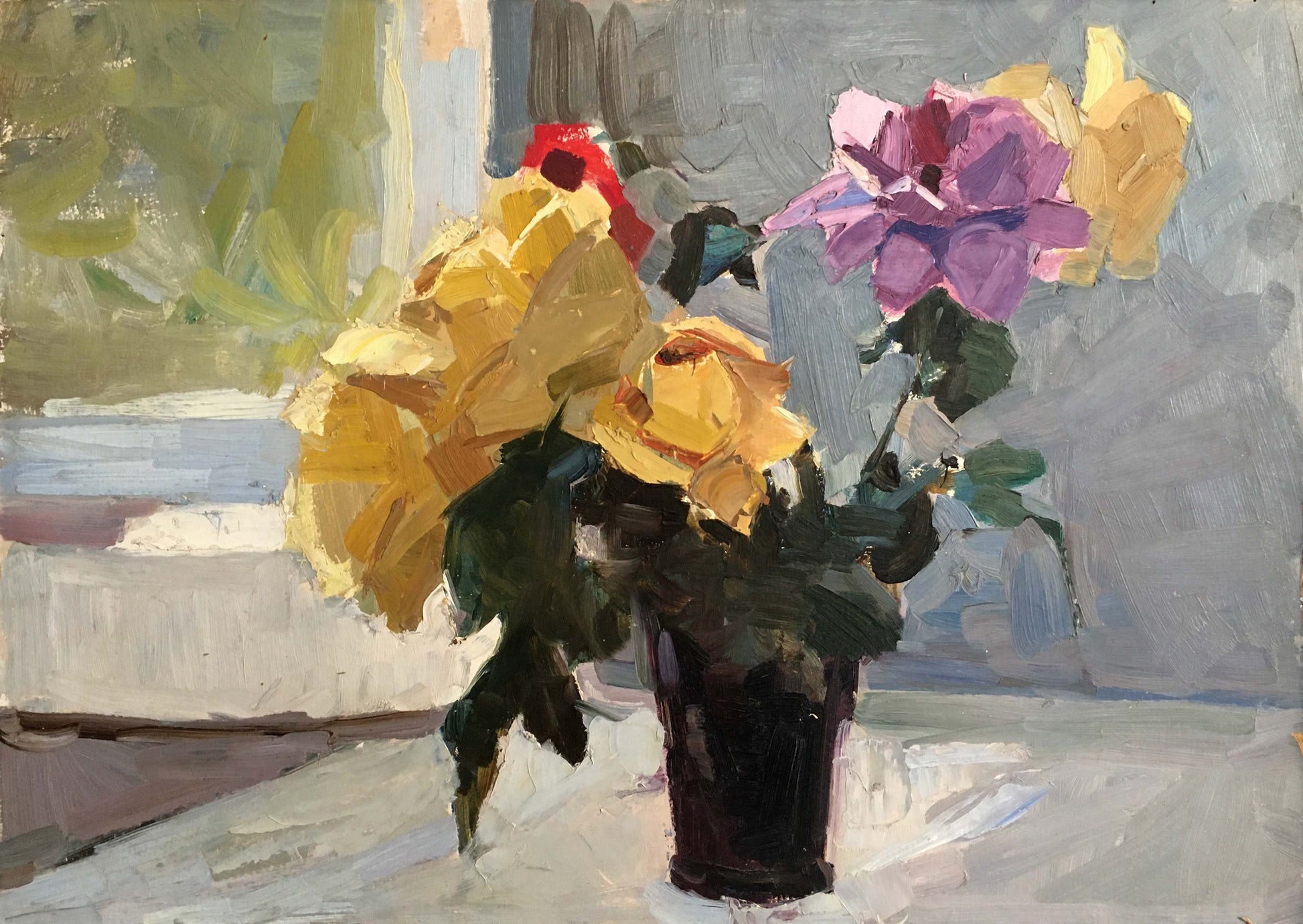 Oil painting Flowers Alishevich: vibrant yellow, purple, red roses in glossy vase