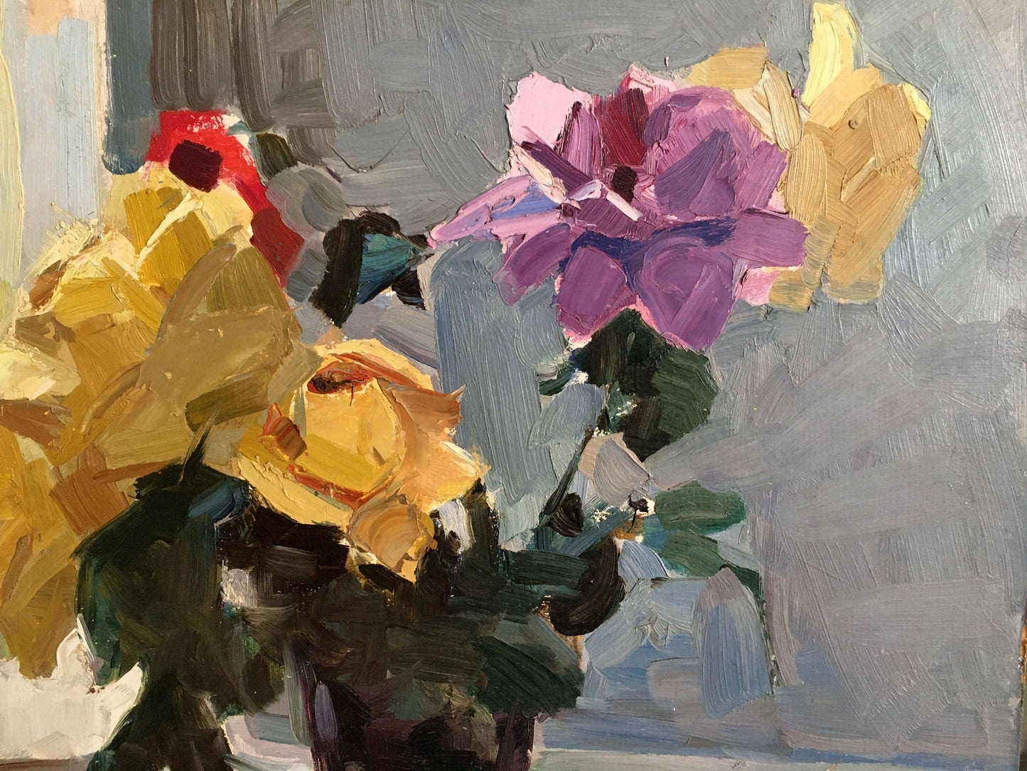 Vibrant Oil painting Flowers Alishevich with yellow purple roses