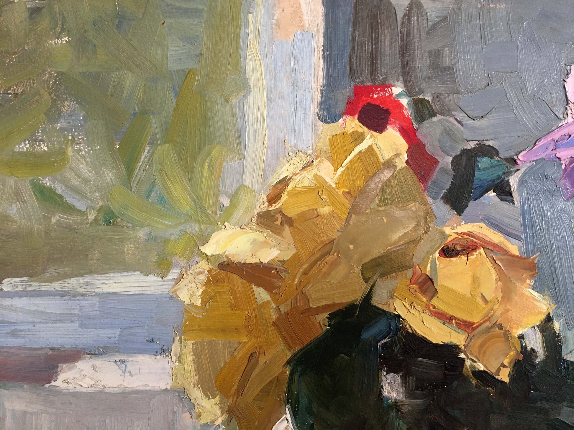 Vibrant yellow Oil painting Flowers Alishevich rose with red center brushstrokes