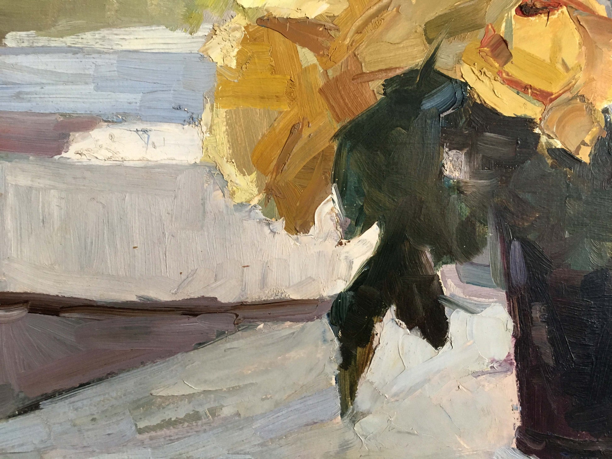 Dark green textured oil painting Flowers Alishevich with figure in motion