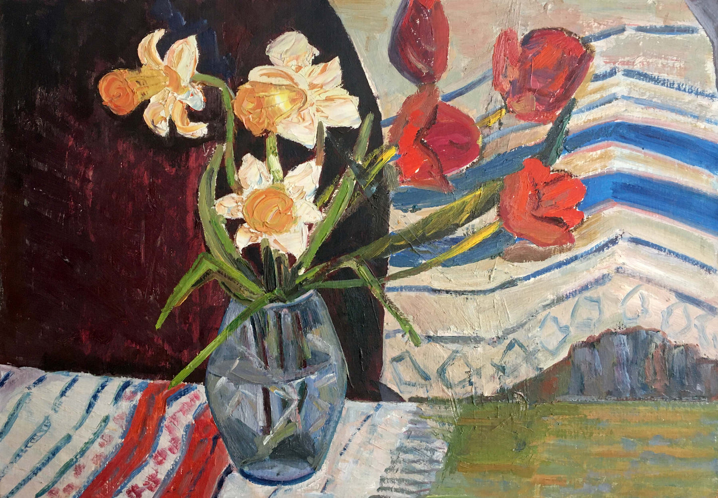 Oil painting Flowers on the table Les T. S. with white daffodils and red tulips
