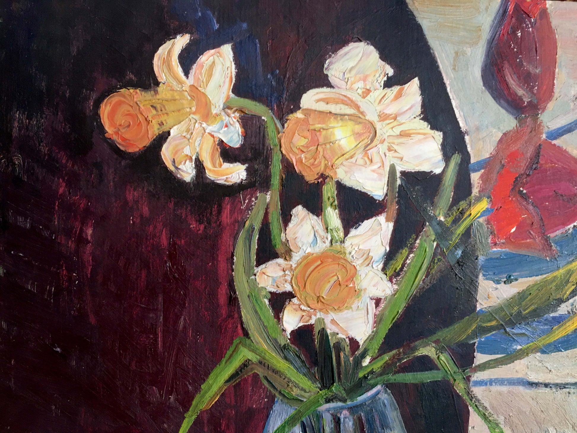 Oil painting Flowers on the table Les T. S. with blue vase of white orange daffodils
