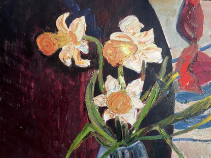 Oil painting Flowers on the table Les T. S. with blue vase of white orange daffodils