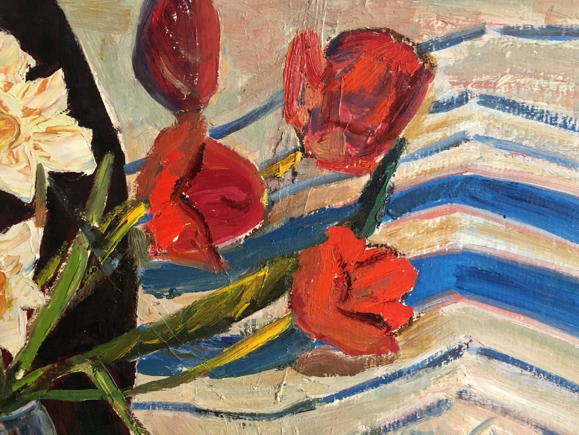 Oil painting Les T. S. vibrant red tulips with green stems on striped background