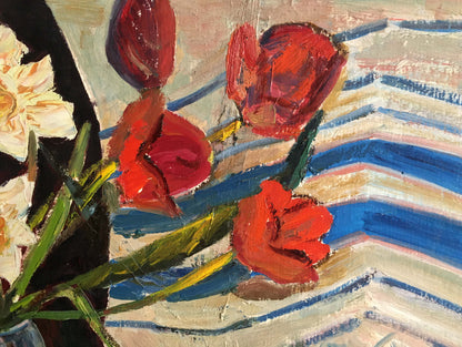 Oil painting Les T. S. vibrant red tulips with green stems on striped background