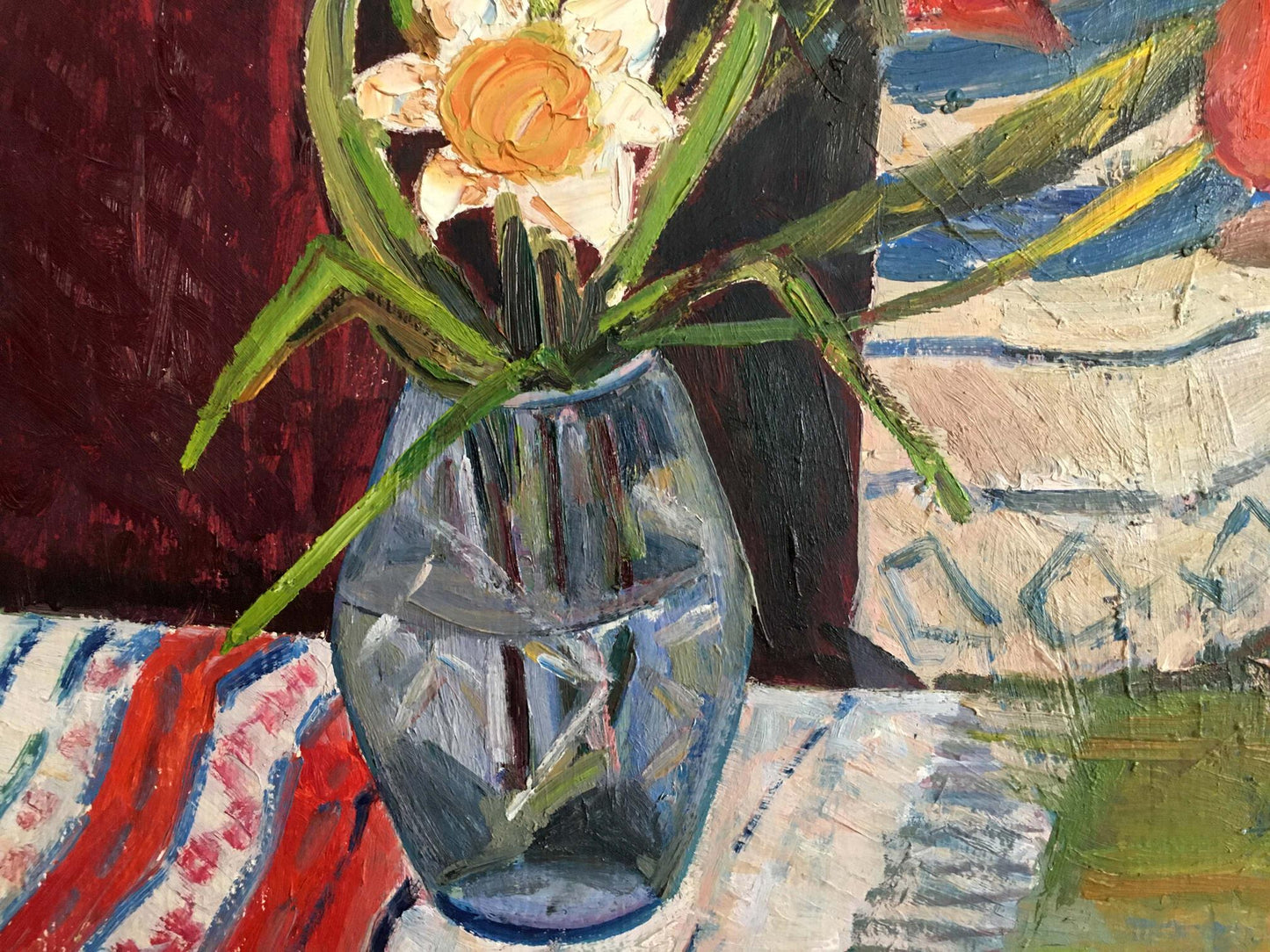 Oil painting Flowers on the table Les T. S. with translucent blue glass vase of white and orange daffodils