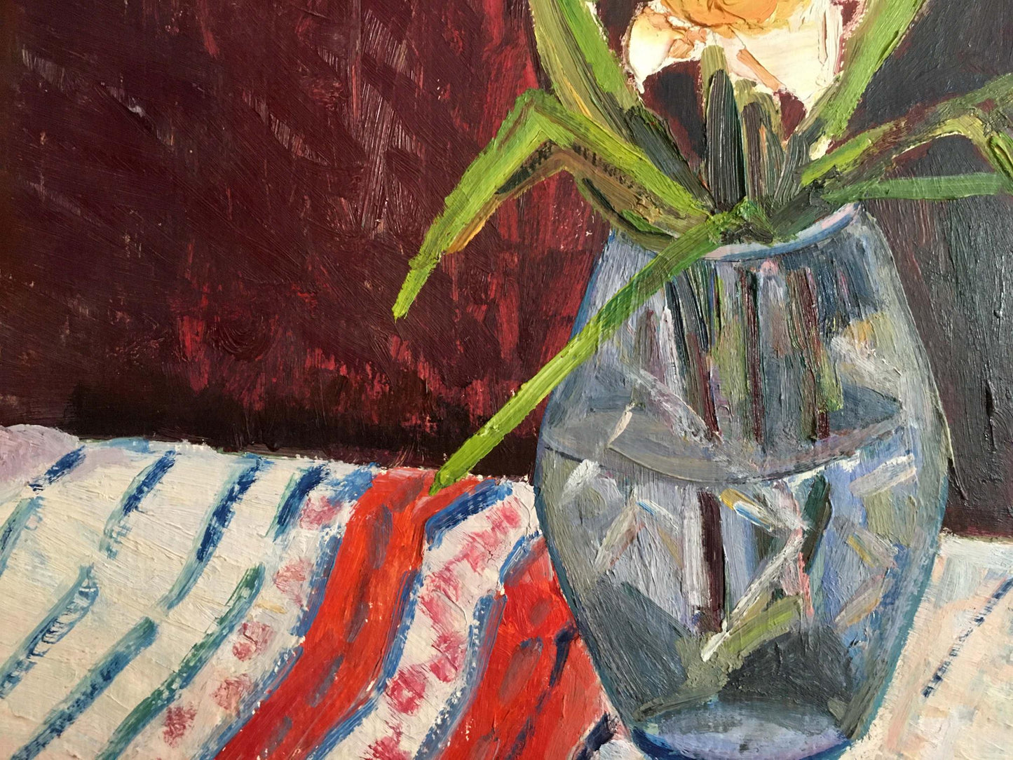 Oil painting Flowers on the table Les T. S. translucent blue vase with green stems and white flower
