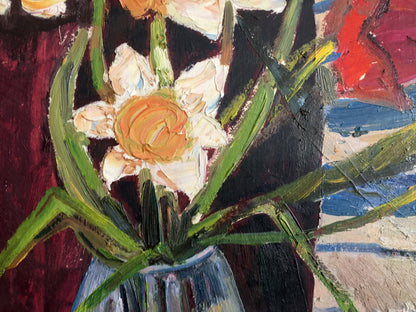 Vibrant oil painting of white daffodil with orange center by Les T. S