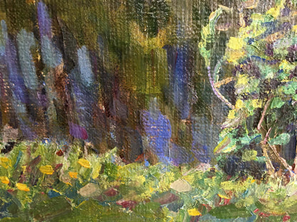 Vibrant impressionist oil painting Gatherings near the river with lush green foliage and yellow flowers