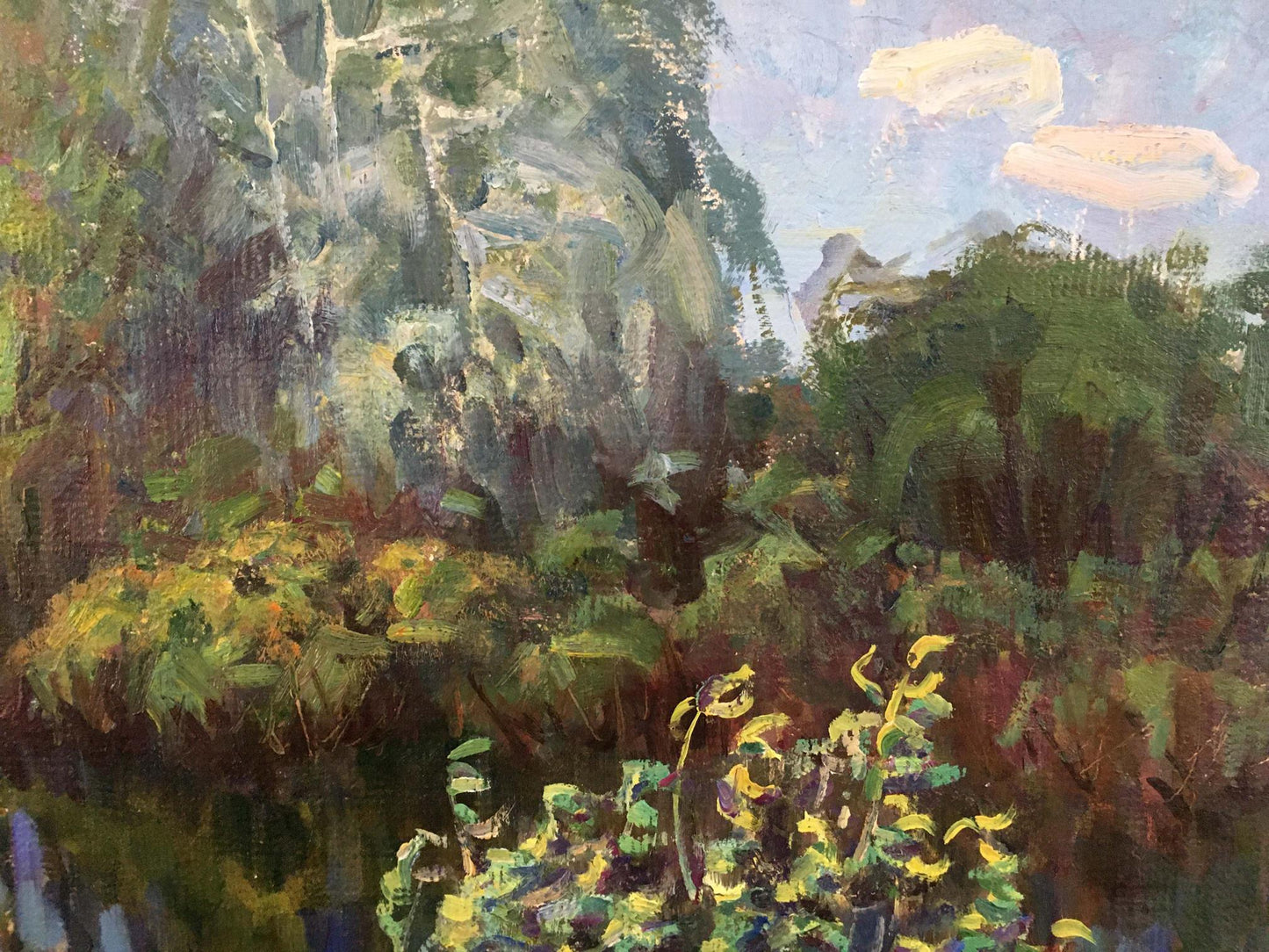 Oil painting Gatherings near the river: lush green forest with yellow flowers