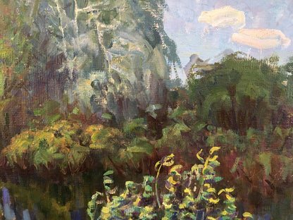 Oil painting Gatherings near the river: lush green forest with yellow flowers