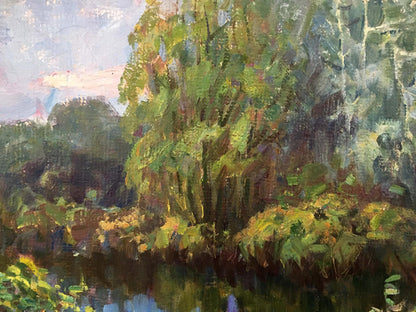 Lush impressionistic oil painting of forest gatherings near river