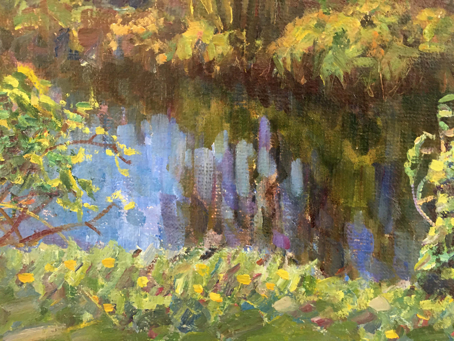 Vibrant impressionist oil painting of sunlit pond gatherings near river