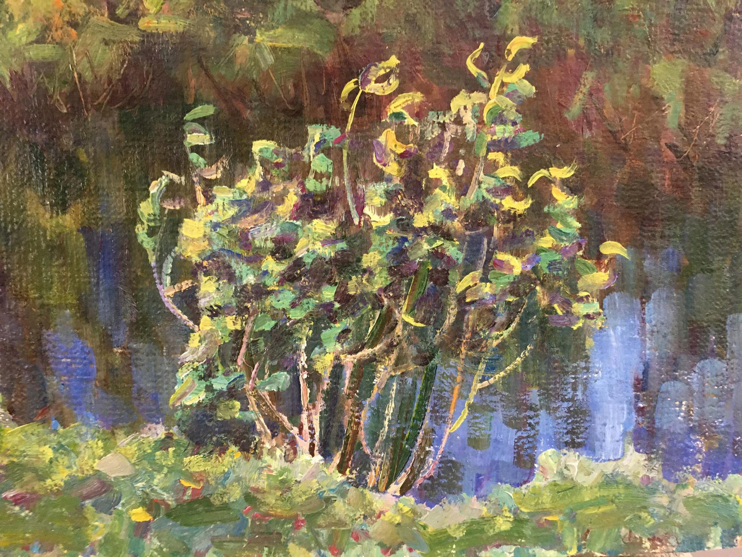 Vibrant impressionist oil painting Gatherings near the river with yellow green bush