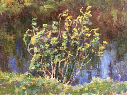 Vibrant impressionist oil painting Gatherings near the river with yellow green bush