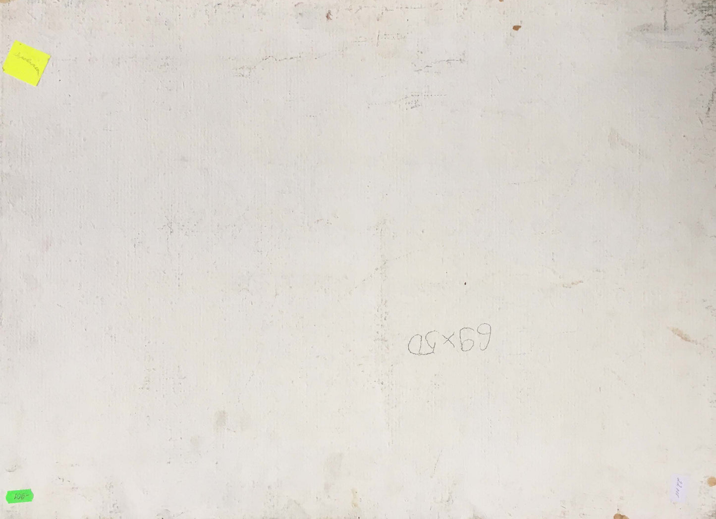 Back of oil painting Gatherings near the river with faint pencil marks and corner notes