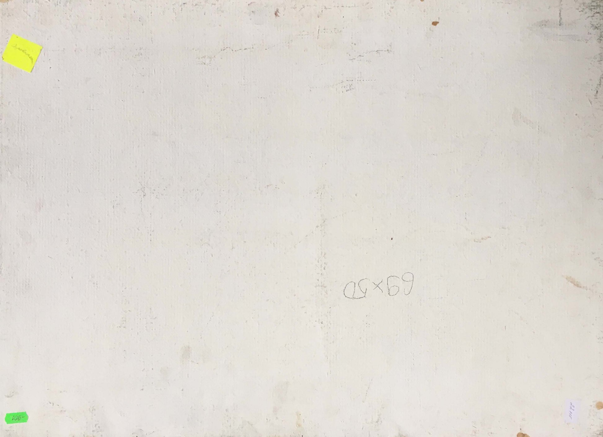 Back of oil painting Gatherings near the river with faint pencil marks and corner notes