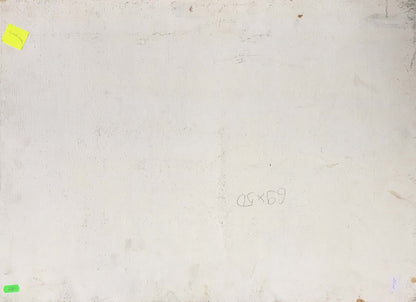 Back of oil painting Gatherings near the river with faint pencil marks and corner notes