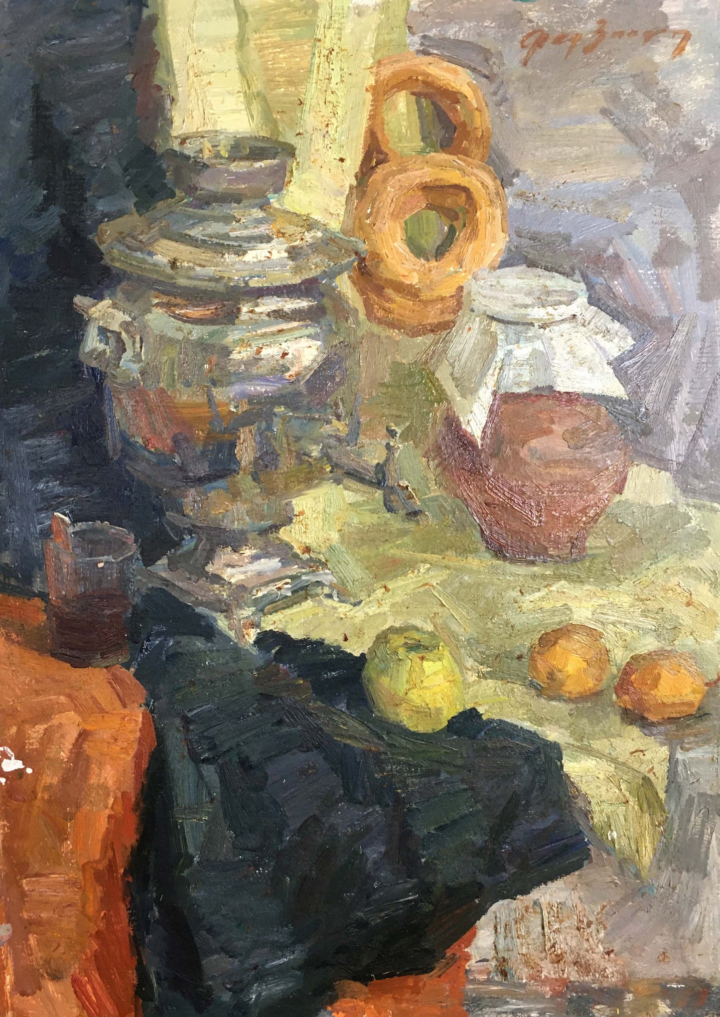 Oil painting by Fedor Zakharov: rustic samovar, terracotta jar, bagels