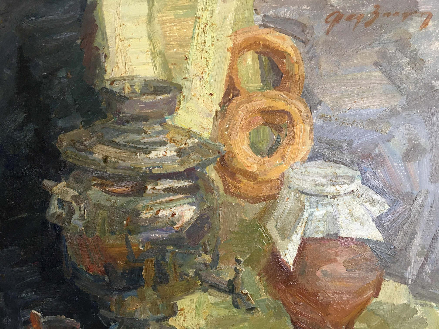 Rustic earth-toned ceramic jug in Fedor Zakharov oil painting still life