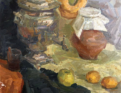 Impressionistic still life oil painting by Fedor Zakharov with terracotta jar, teapot, bagels