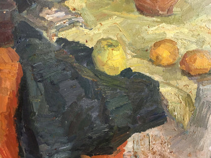 Oil painting by Fedor Zakharov: textured yellow apple on green orange surfaces