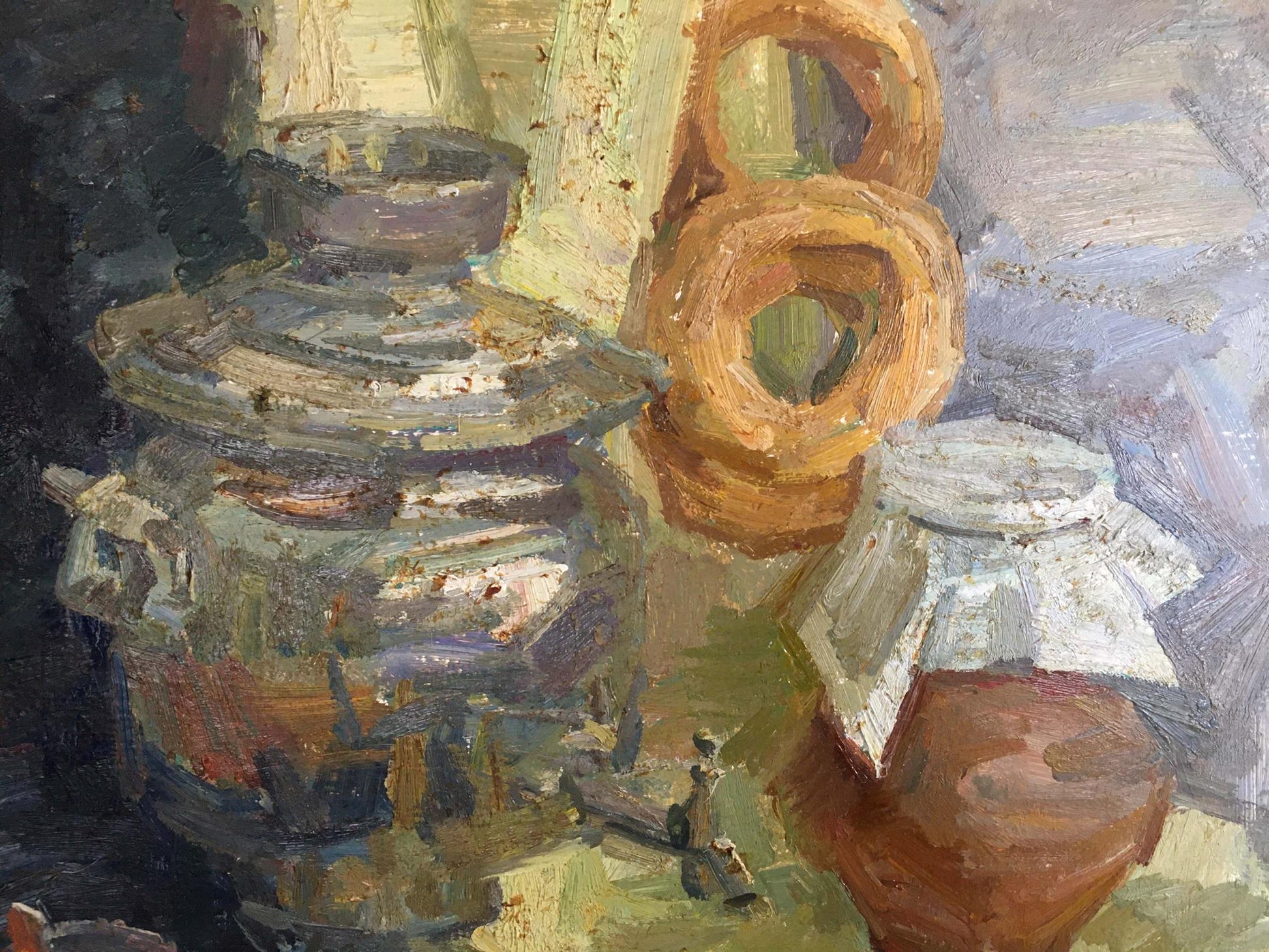Oil painting of rustic terracotta pot with cloth lid by Fedor Zakharov