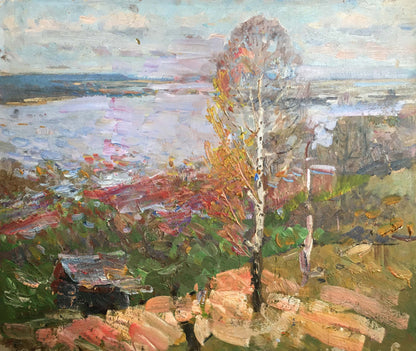 Oil painting Early spring by Khodchenko Lev Pavlovich: tall birch tree