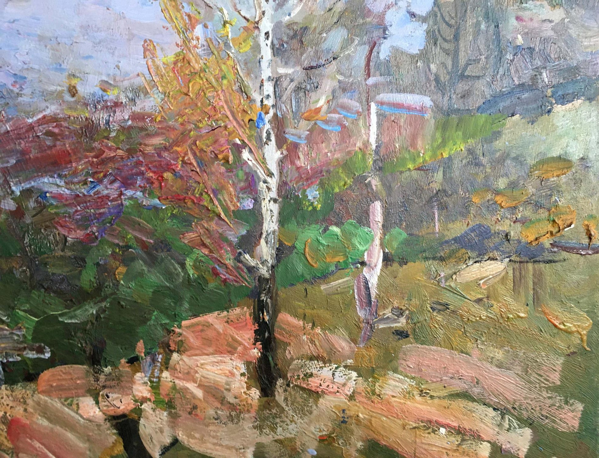 Oil painting Early spring by Khodchenko Lev Pavlovich, birch tree with autumn foliage