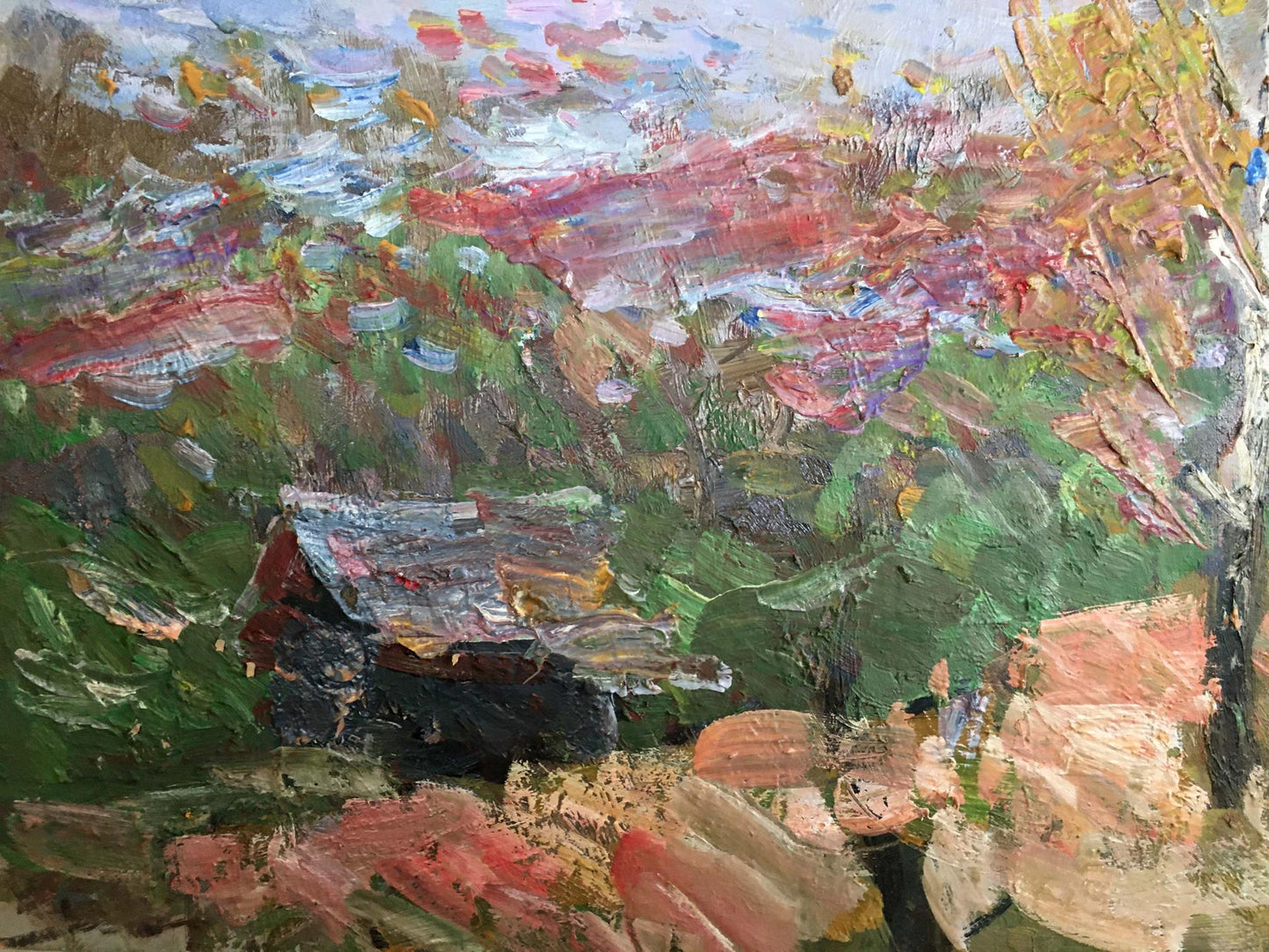 Oil painting Early spring by Khodchenko Lev Pavlovich, rustic house in foliage