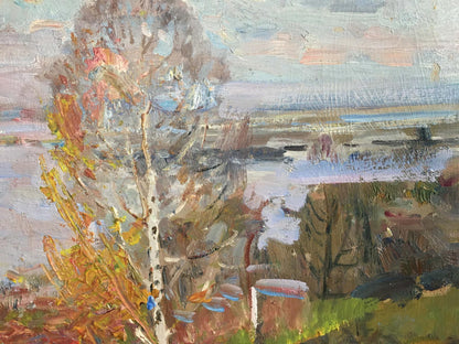 Oil painting Early spring by Khodchenko Lev Pavlovich, birch tree with autumn leaves