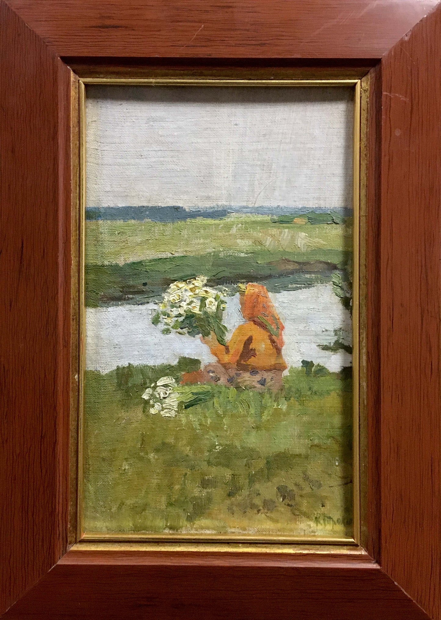 Oil painting by Trohimenko Karp Demyanovich: Girl in orange coat with white flowers near shore