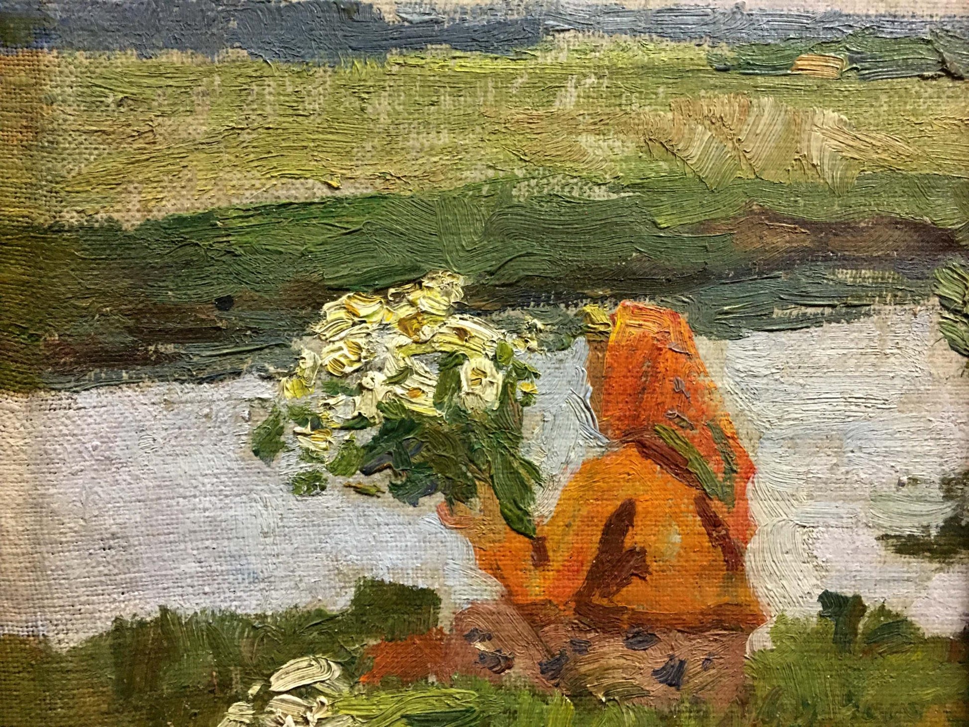 Oil painting by Trohimenko Karp Demyanovich: orange hooded girl with flowers by shore