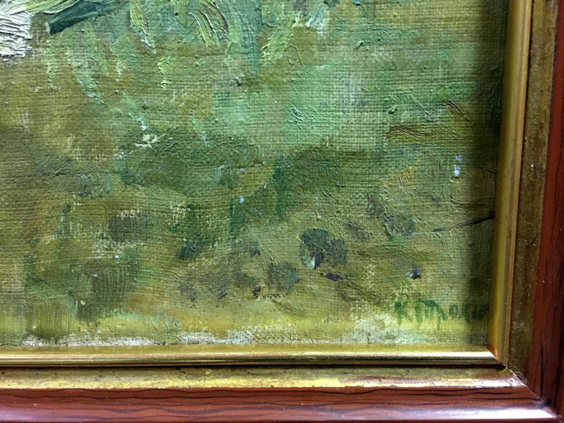 Impressionistic green-yellow oil painting of girl near shore by Trohimenko Karp Demyanovich