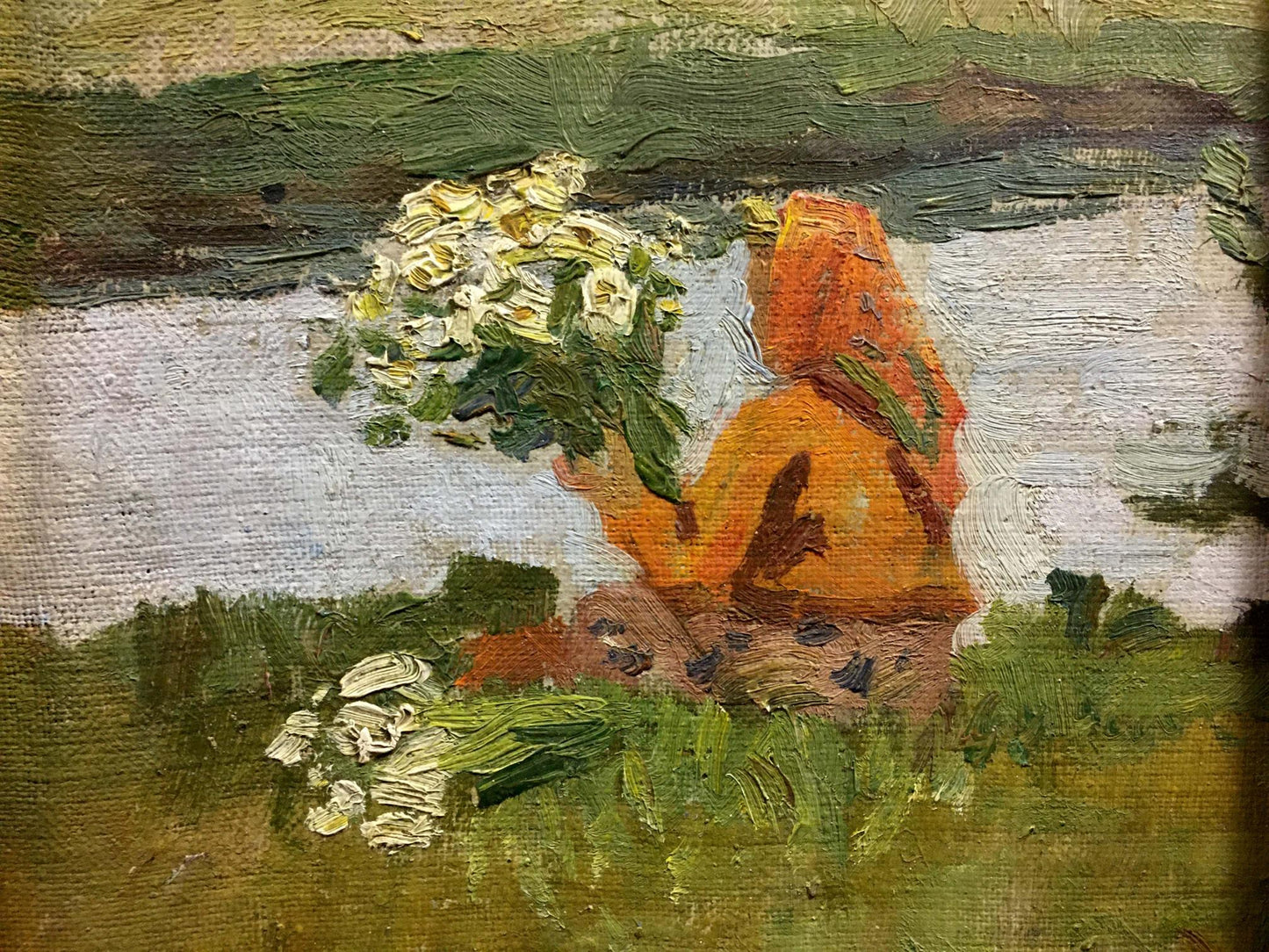 Oil painting by Trohimenko Karp Demyanovich: girl in orange cloak with flowers by shore