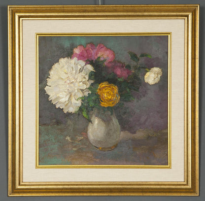 Framed oil painting of Ivan Tsyupka multicolored peony bouquet in gray vase