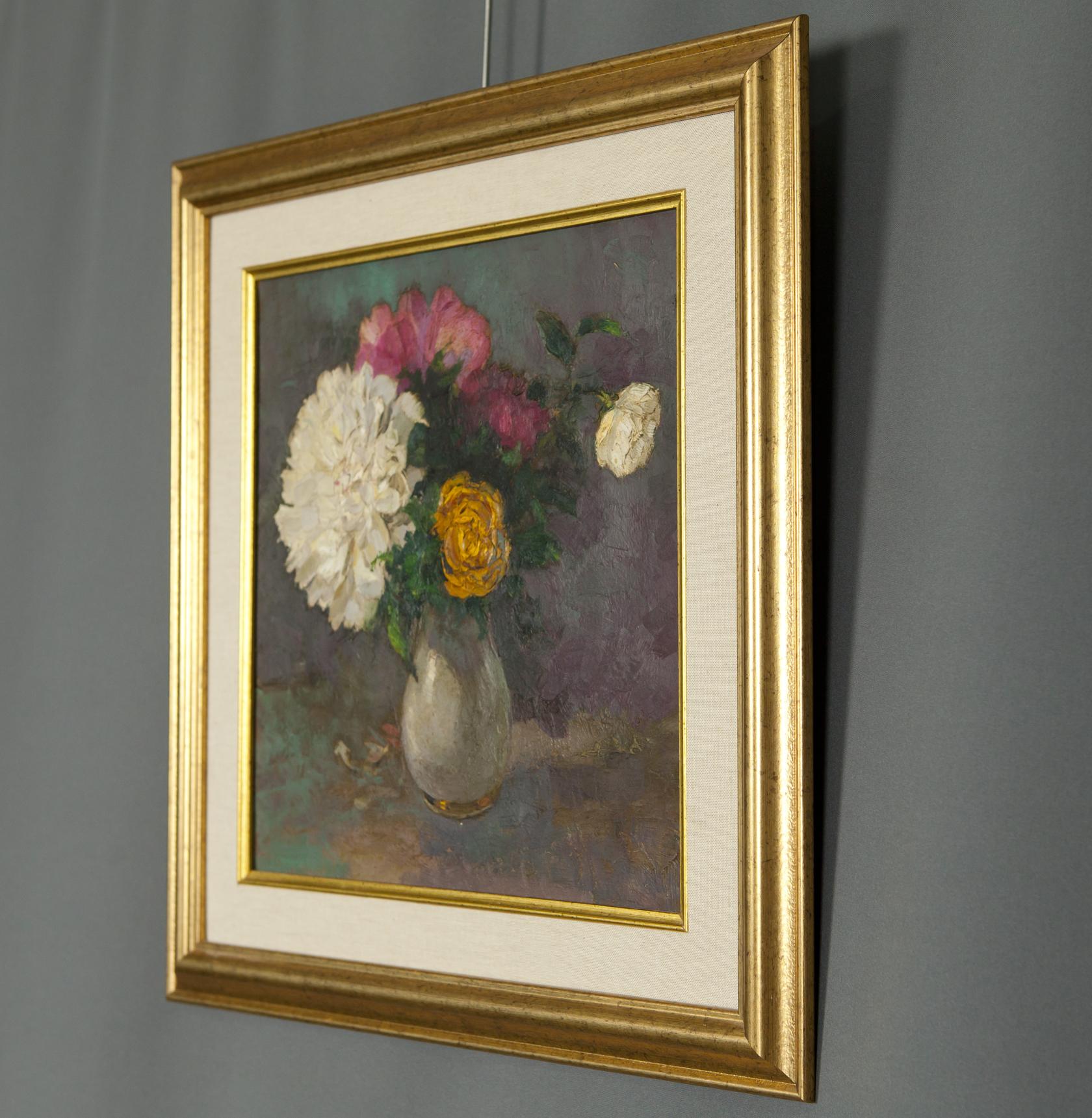 Framed oil painting of pink white yellow rose bouquet by Ivan Tsyupka