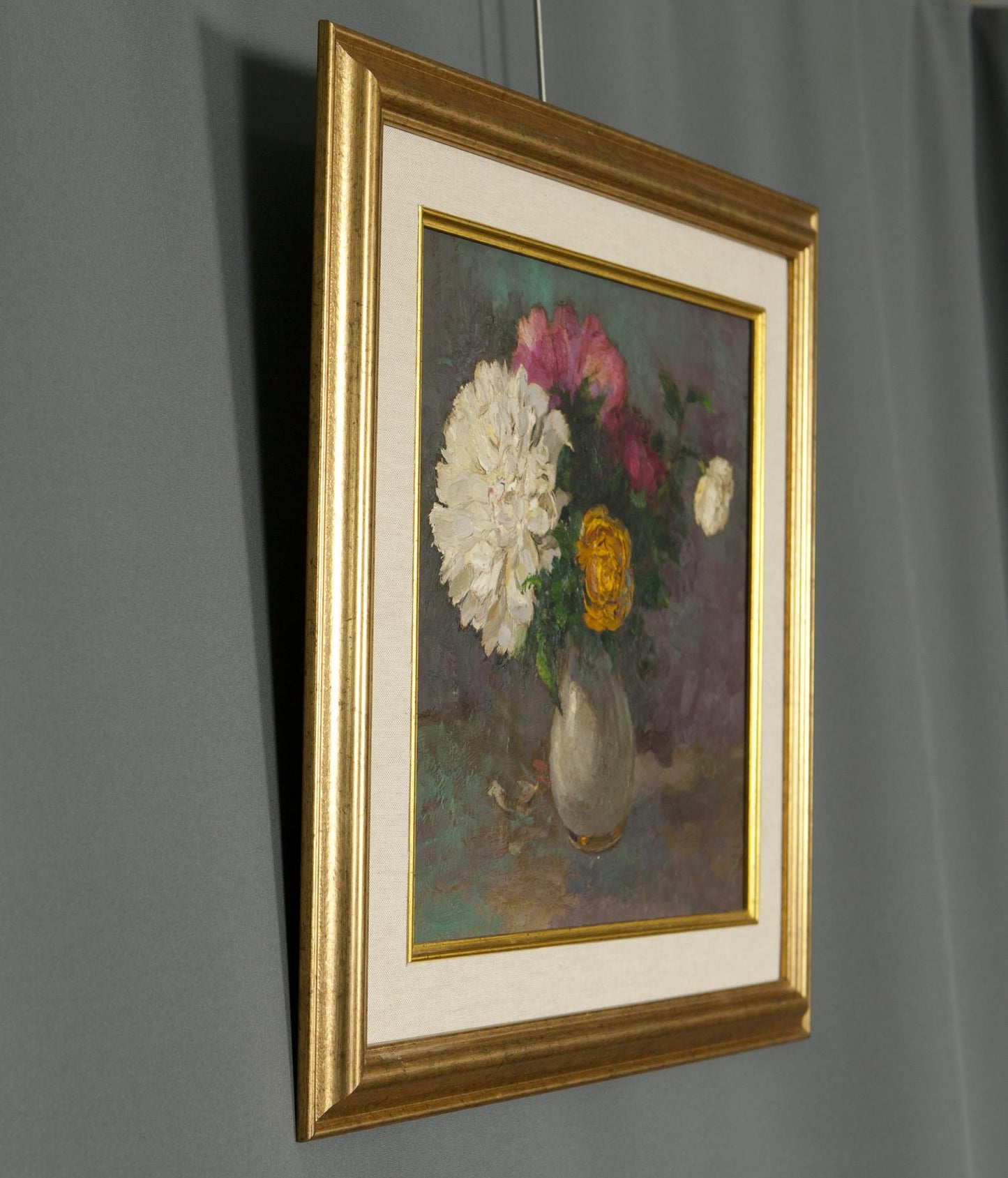 Framed oil painting of Ivan Tsyupka peonies bouquet in gold frame