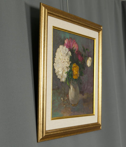 Framed oil painting of Ivan Tsyupka peonies bouquet in gold frame