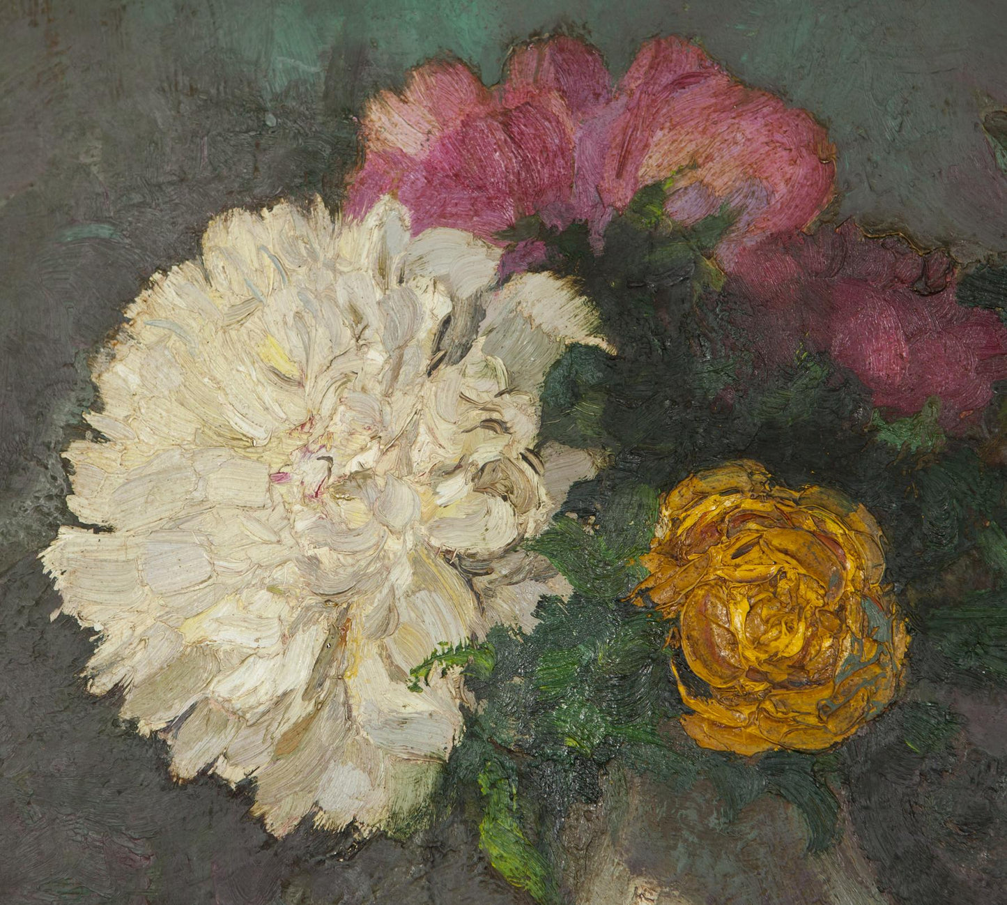 Oil painting of white peony, pink roses, yellow rose by Ivan Tsyupka
