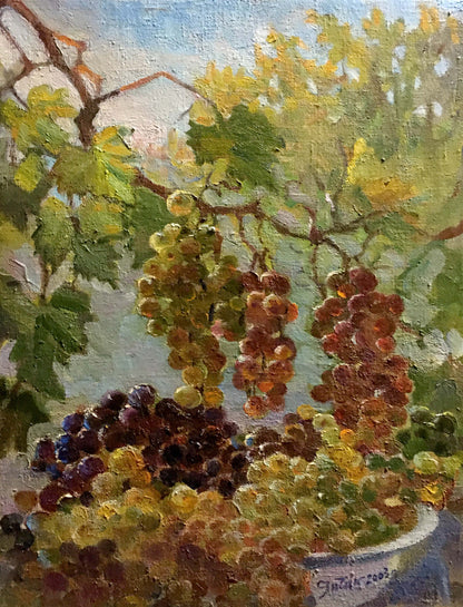 Oil painting Autumn Gold by Yanchak Elena Vaclavovna: vibrant grapes on vines