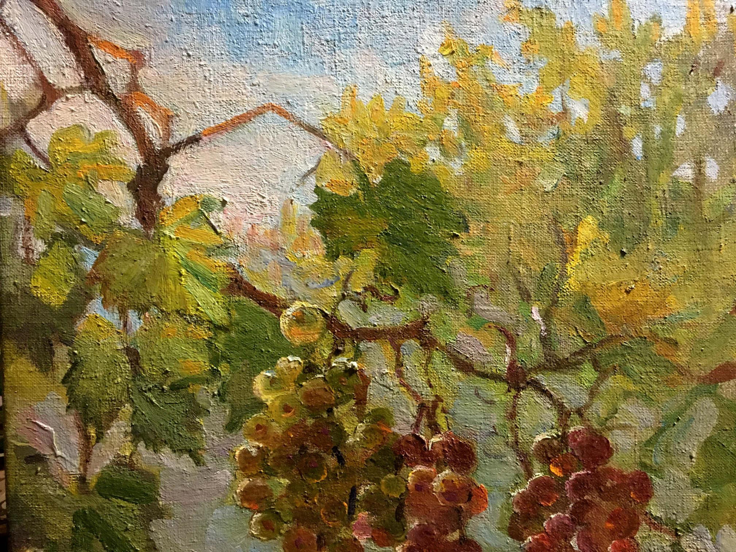 Oil painting Autumn Gold by Yanchak Elena Vaclavovna, textured grapes and vines