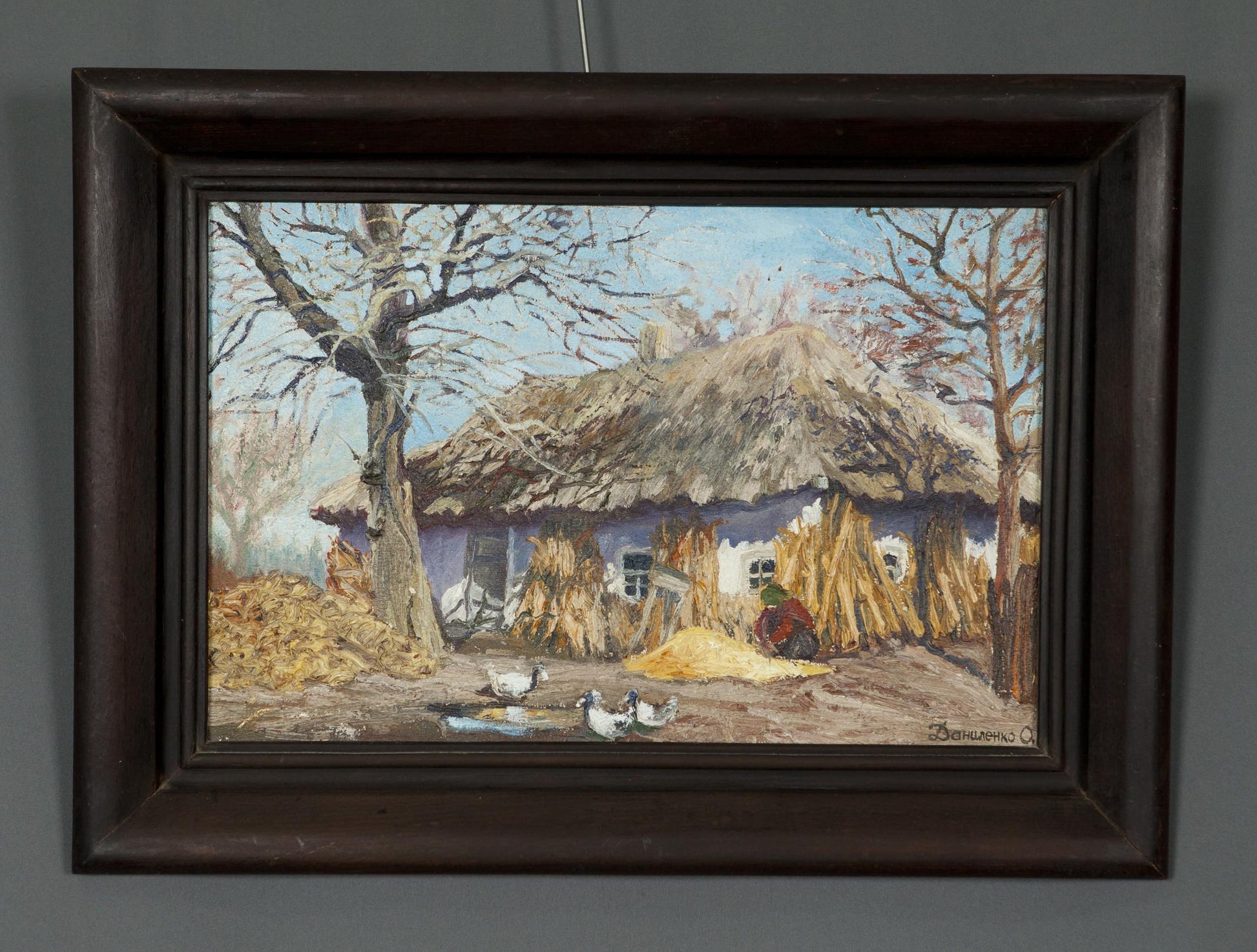 Oil painting of rural house by Alexander Danilenko, thatched cottage in frame