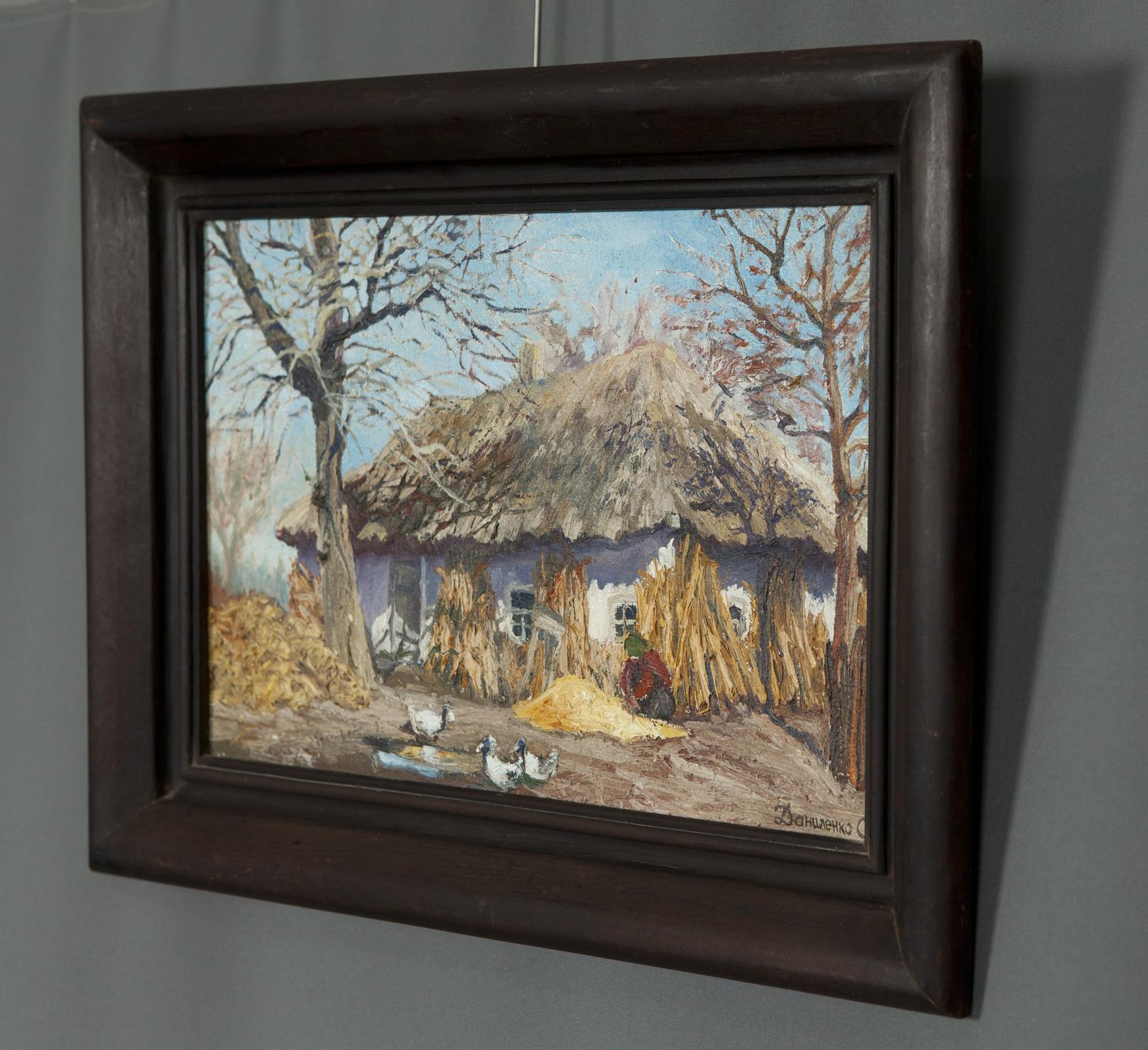 Oil painting of rural house by Alexander Danilenko, thatched cottage in rustic frame