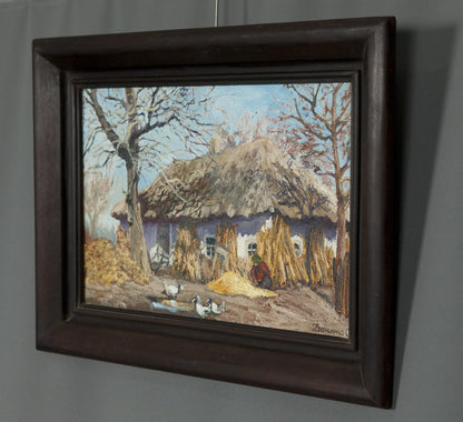 Oil painting of rural house by Alexander Danilenko, thatched cottage in rustic frame