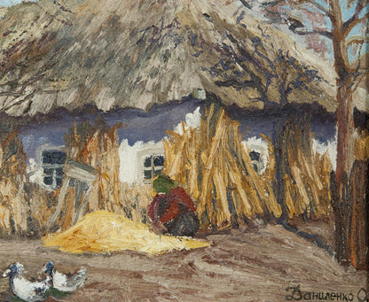Oil painting of rustic thatched cottage by Alexander Danilenko