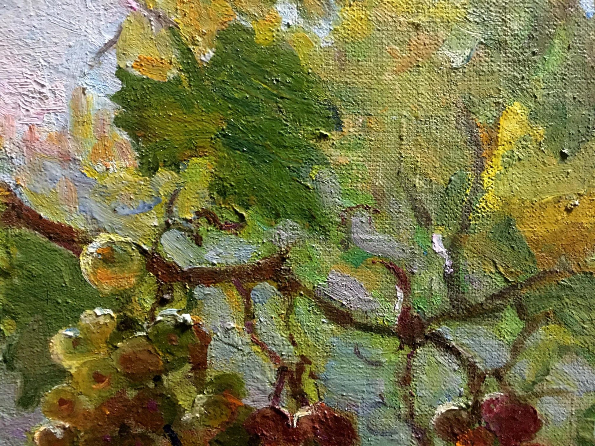 Oil painting Autumn Gold by Yanchak Elena Vaclavovna: textured green purple grapes on vine