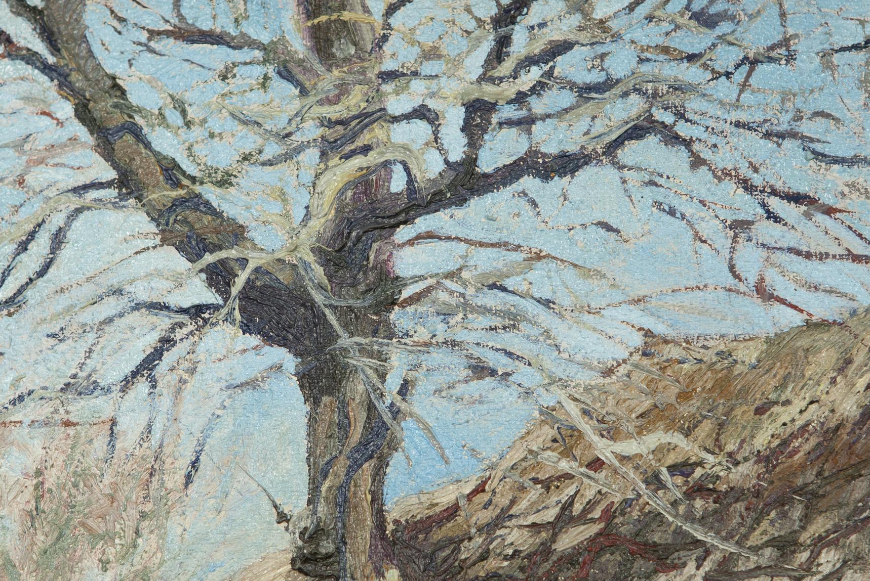 Oil painting by Alexander Danilenko: textured bare tree against pale blue sky