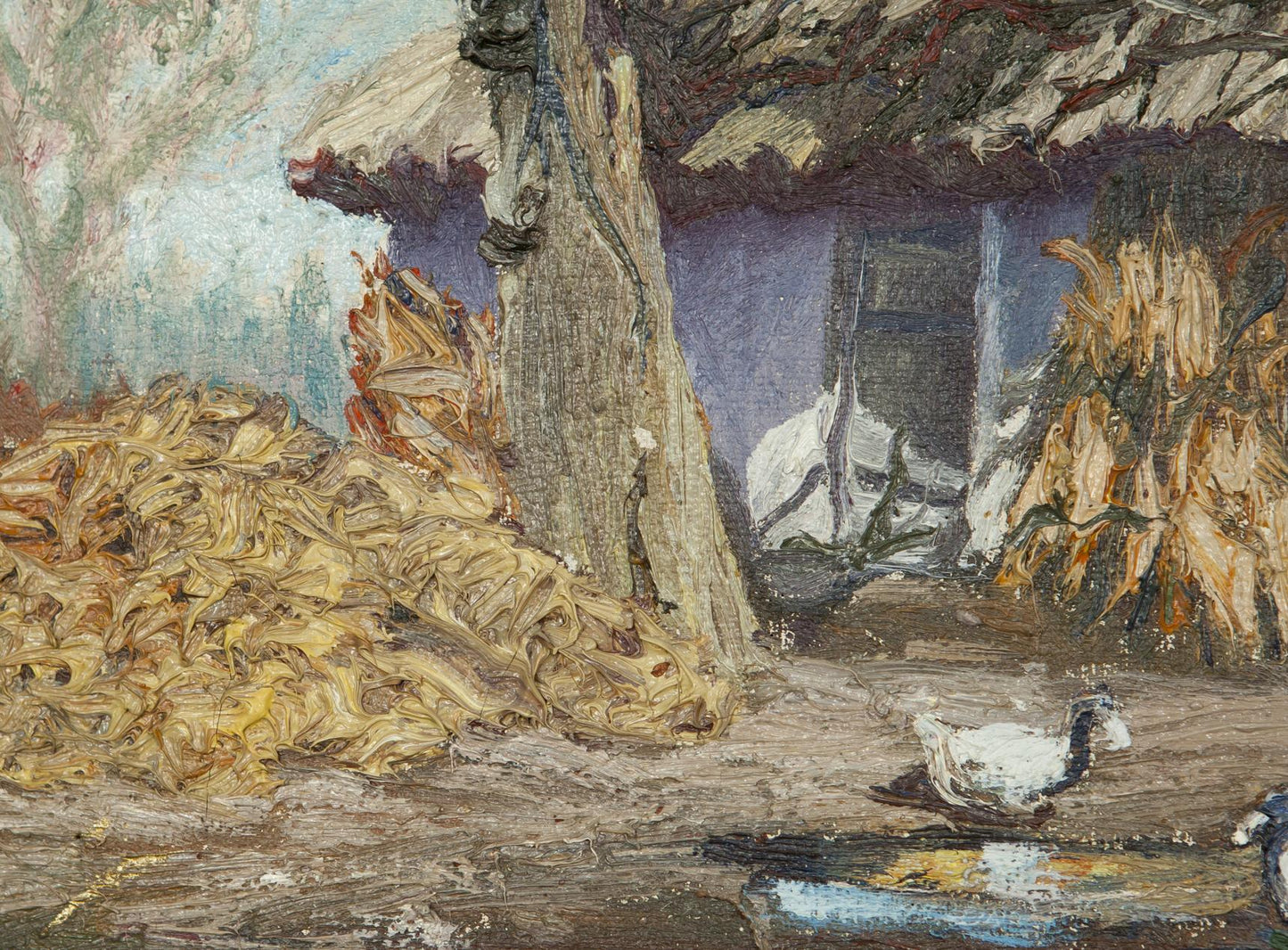 Oil painting by Alexander Danilenko: rustic thatched hut with cornstalks, duck